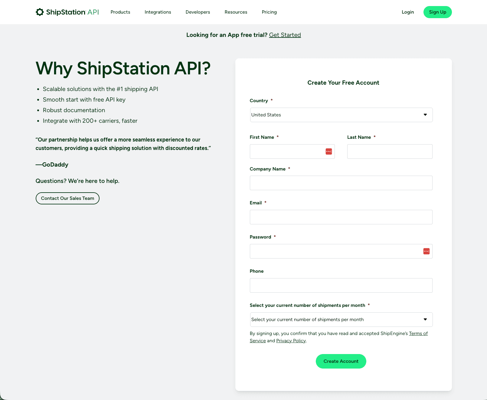ShipEngine API Signup preview