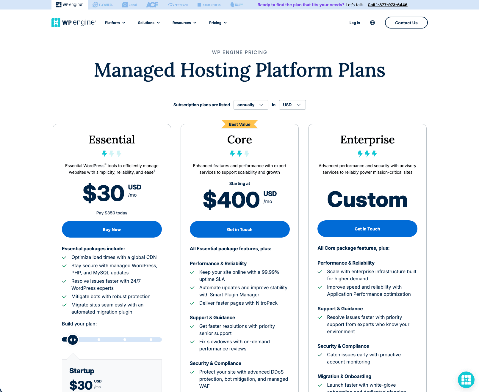 WP Engine Hosting Plans preview